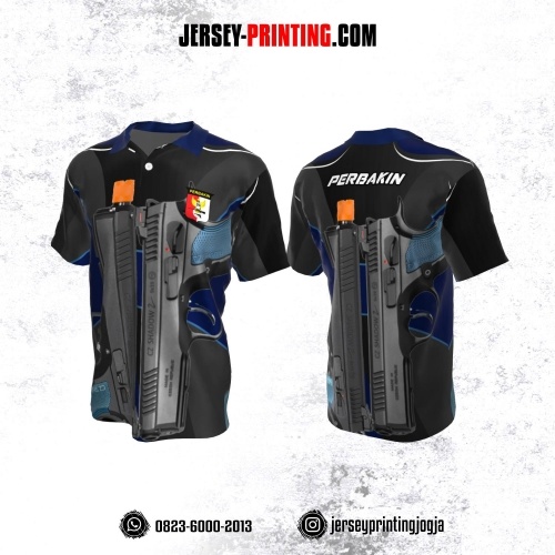 Baju Kaos Jersey Menembak Perbakin Kerah Polo Abu-abu Biru Hitam Motif Senjata