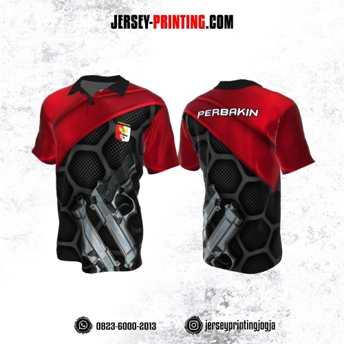 Baju Kaos Jersey Menembak Perbakin Kerah Polo Abu-abu Merah Hitam Motif Hexagon