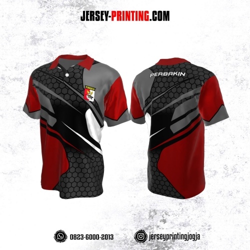 Baju Kaos Jersey Menembak Perbakin Kerah Polo Abu-abu Merah Hitam Putih Motif Honeycomb