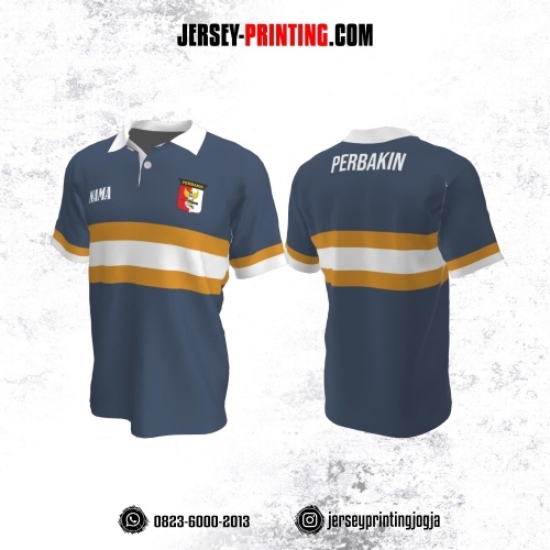 Baju Kaos Jersey Menembak Perbakin Kerah Polo Biru Garis Kuning Putih