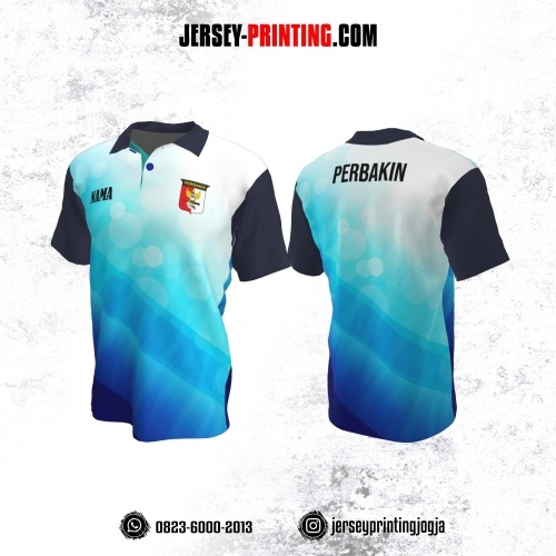 Baju Kaos Jersey Menembak Perbakin Kerah Polo Biru Putih Dongker Motif Geometris