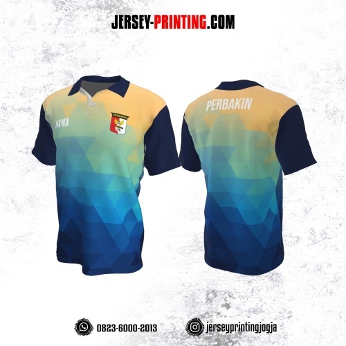 Baju Kaos Jersey Menembak Perbakin Kerah Polo Biru Tosca Kuning Motif Geometris