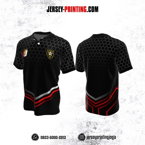Baju Kaos Jersey Menembak Perbakin Kerah Polo Hitam Abu-abu Merah Motif Honeycomb