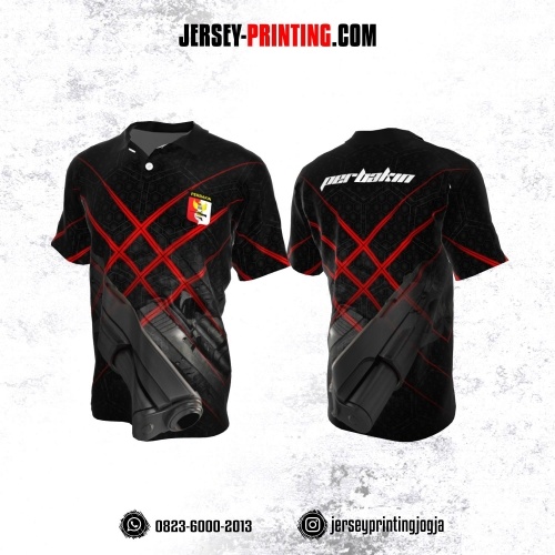 Baju Kaos Jersey Menembak Perbakin Kerah Polo Hitam Abu-abu Merah Motif Honeycomb