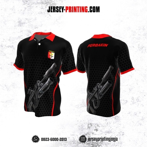 Baju Kaos Jersey Menembak Perbakin Kerah Polo Hitam Abu-abu Merah Motif Honeycomb