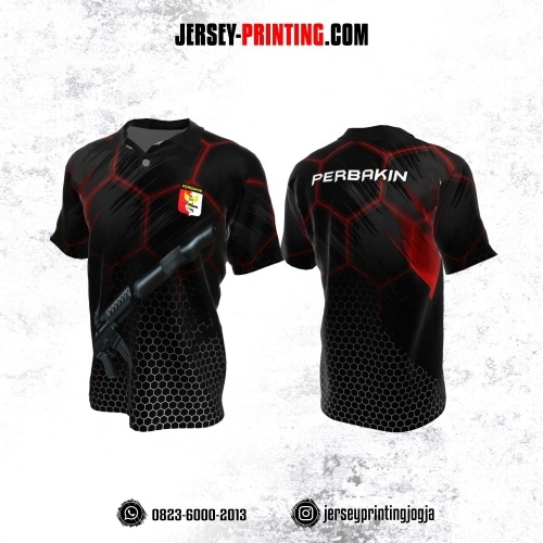 Baju Kaos Jersey Menembak Perbakin Kerah Polo Hitam Abu-abu Merah Motif Honeycomb