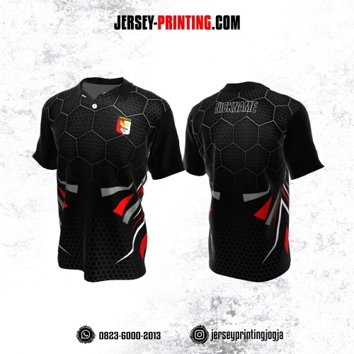 Baju Kaos Jersey Menembak Perbakin Kerah Polo Hitam Abu-abu Merah Motif Honeycomb