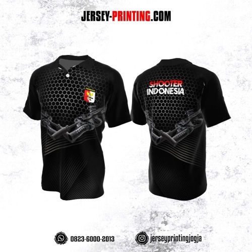Baju Kaos Jersey Menembak Perbakin Kerah Polo Hitam Abu-abu Motif Honeycomb dan Garis