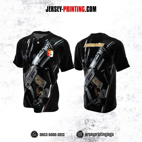 Baju Kaos Jersey Menembak Perbakin Kerah Polo Hitam Abu-abu Motif Senjata