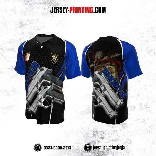 Baju Kaos Jersey Menembak Perbakin Kerah Polo Hitam Biru Motif Honeycomb Abu-abu