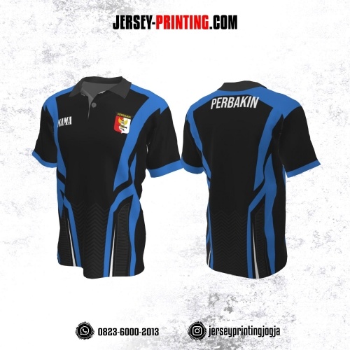 Baju Kaos Jersey Menembak Perbakin Kerah Polo Hitam Biru Motif Zigzag Abu-abu