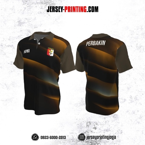 Baju Kaos Jersey Menembak Perbakin Kerah Polo Hitam Coklat Emas Motif Gradasi
