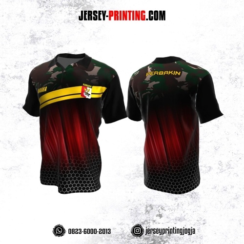 Baju Kaos Jersey Menembak Perbakin Kerah Polo Hitam Merah Putih Kuning Motif Honeycomb
