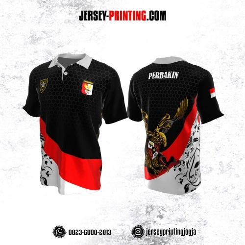Baju Kaos Jersey Menembak Perbakin Kerah Polo Hitam Merah Putih Motif Honeycomb dan Floral