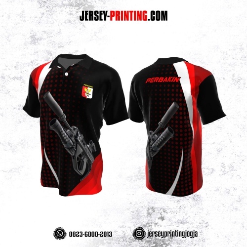 Baju Kaos Jersey Menembak Perbakin Kerah Polo Hitam Merah Putih Motif Polkadot