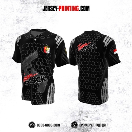 Baju Kaos Jersey Menembak Perbakin Kerah Polo Hitam Motif Honeycomb Abu-abu
