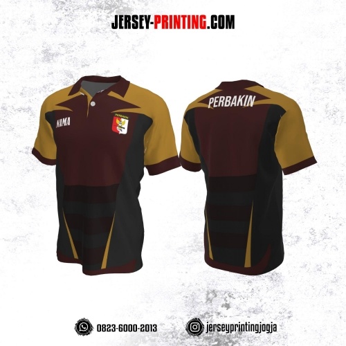 Baju Kaos Jersey Menembak Perbakin Kerah Polo Kombinasi Burgundy Kuning Hijau Hitam