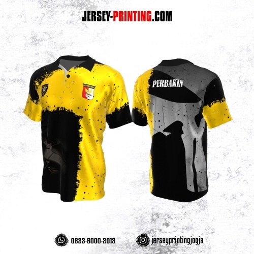 Baju Kaos Jersey Menembak Perbakin Kerah Polo Kuning Hitam Motif Bercak