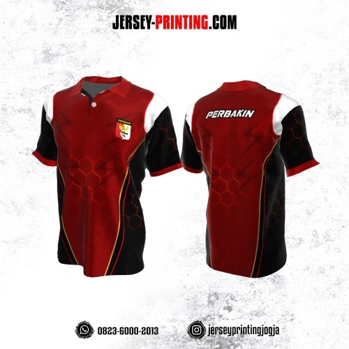 Baju Kaos Jersey Menembak Perbakin Kerah Polo Maroon Hitam Putih Motif Hexagon