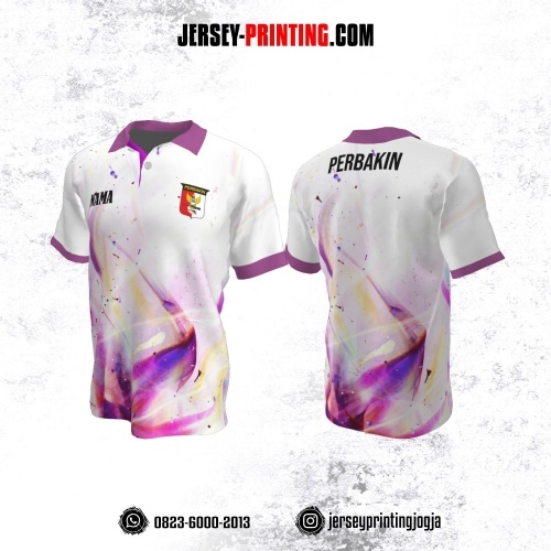 Baju Kaos Jersey Menembak Perbakin Kerah Polo Putih Motif Tumpahan Cat Glossy Ungu Pink