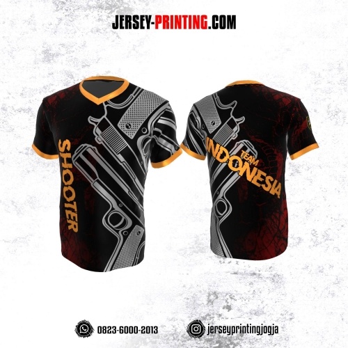 Baju Kaos Jersey Menembak Shooter Shooting Hitam Abu Merah Orange Motif Pistol