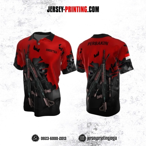 Baju Kaos Jersey Menembak Shooter Shooting Kerah Polo Hitam Merah Abu-abu Motif Abstrak