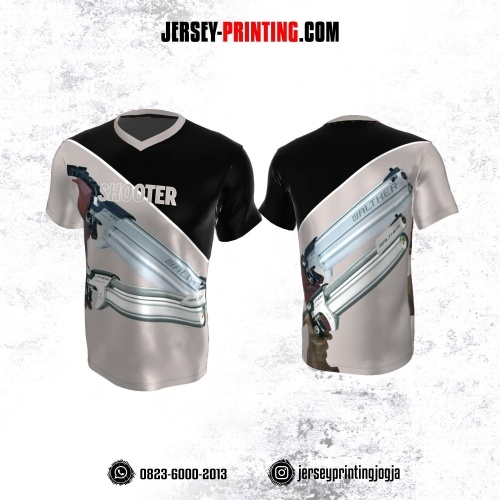 Baju Kaos Jersey Menembak Shooter Shooting Krem Hitam Putih Motif Senjata