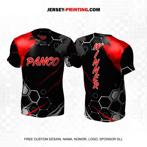 Jersey Adu Panco Hitam Abu Merah Motif Abstrak Honeycomb 09