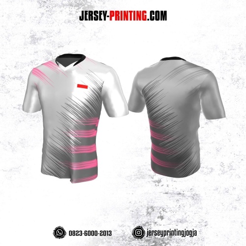 Jersey Atasan Badminton Volly Lari Futsal Abu-abu Pink Motif Brush