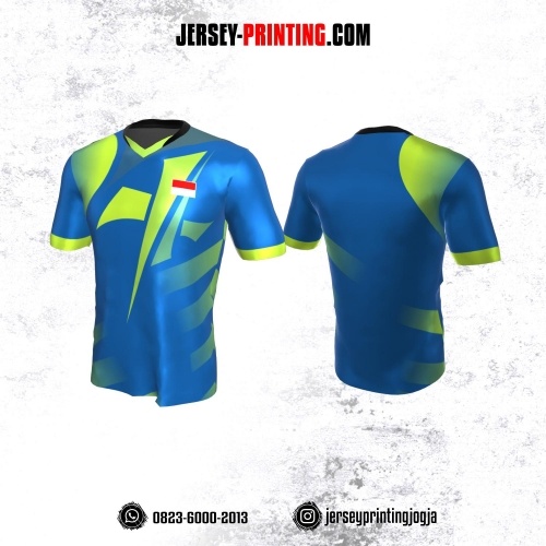 Jersey Atasan Badminton Volly Lari Futsal Biru Motif Abstrak Hijau