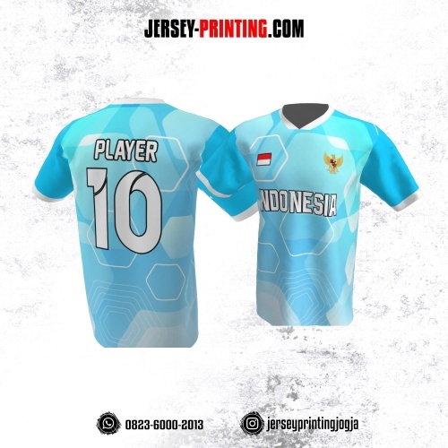 Jersey Atasan Badminton Volly Lari Futsal Biru Putih Motif Hexagon