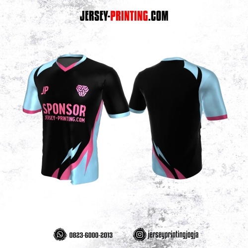Jersey Atasan Badminton Volly Lari Futsal Hitam Corak Biru Pink