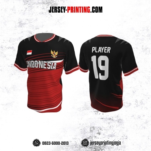 Jersey Atasan Badminton Volly Lari Futsal Hitam Merah Motif Garis
