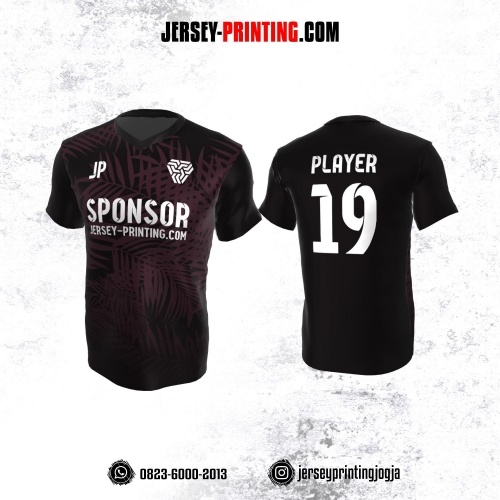 Jersey Atasan Badminton Volly Lari Futsal Hitam Motif Tropical Burgundy