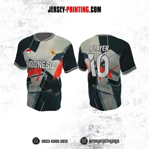 Jersey Atasan Badminton Volly Lari Futsal Hitam Putih Merah Motif Abstrak