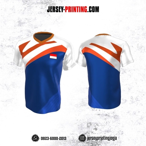 Jersey Atasan Badminton Volly Lari Futsal Navy Corak Putih Orange
