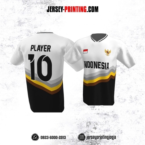 Jersey Atasan Badminton Volly Lari Futsal Putih Hitam Motif Garis Abu-abu Kuning Coklat