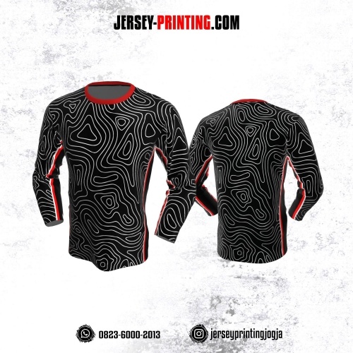 Jersey Atasan Lengan Panjang Hitam Putih Merah Motif Abstrak