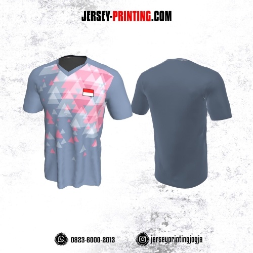Jersey Badminton Abu-abu Motif Segitiga Pink Putih