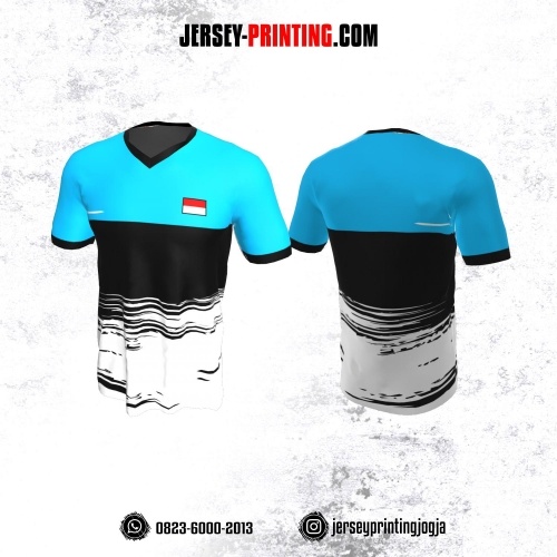 Jersey Badminton Biru Corak Brush Hitam Putih