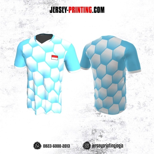 Jersey Badminton Biru Motif Hexagon Putih