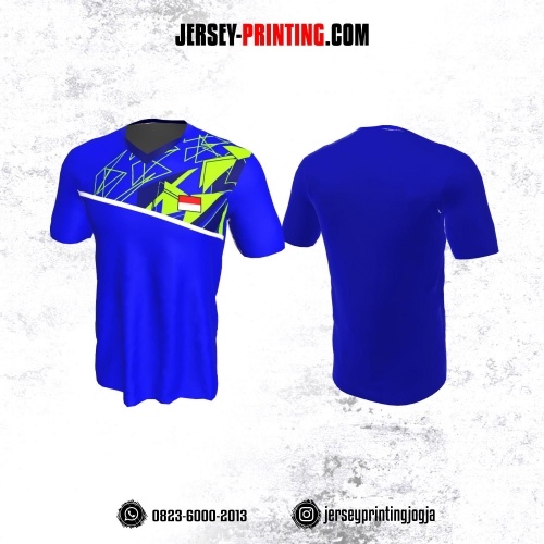 Jersey Badminton Biru Navy Hijau Motif Geometris