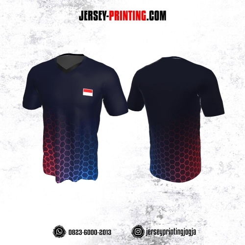 Jersey Badminton Dongker Corak Biru Merah Honeycomb