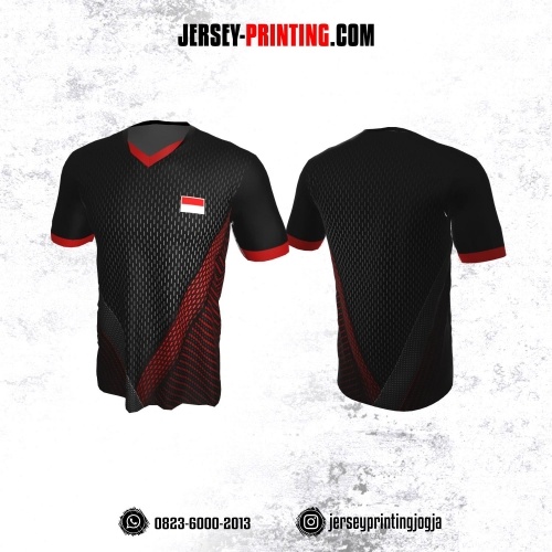 Jersey Badminton Hitam Abu-abu Merah Motif Pinstripe