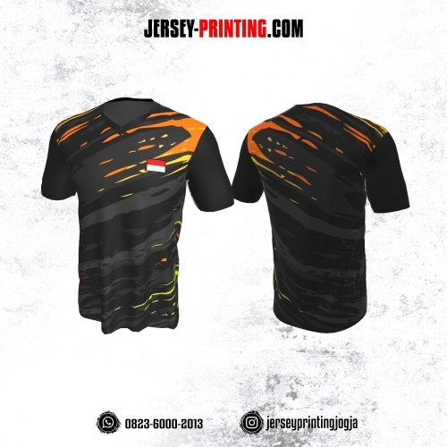 Jersey Badminton Hitam Abu-abu Motif Brush Orange
