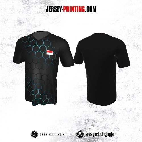 Jersey Badminton Hitam Abu-abu Motif Honeycomb Biru