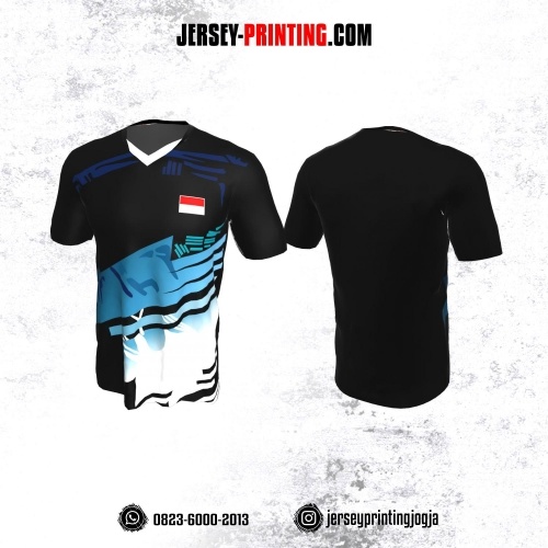 Jersey Badminton Hitam Biru Putih Motif Abstrak