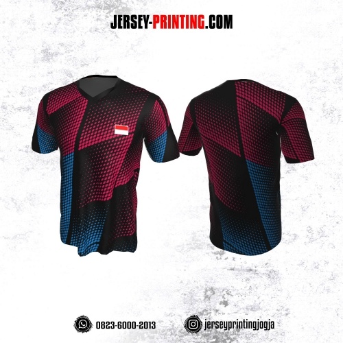 Jersey Badminton Hitam Corak Biru merah Polkadot