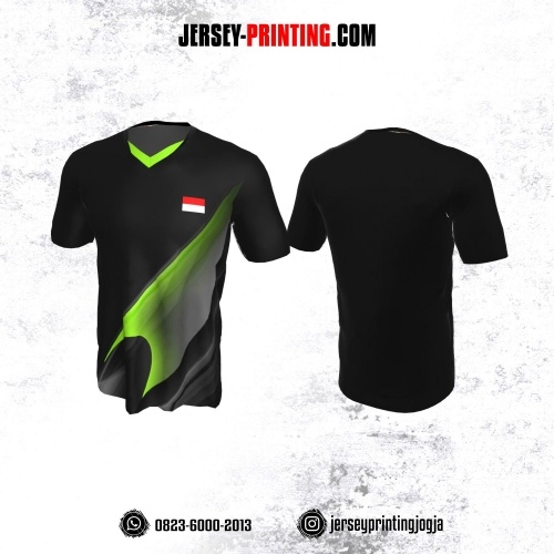Jersey Badminton Hitam Corak Hijau Gradasi Abu-abu