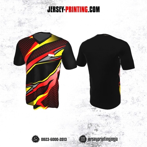 Jersey Badminton Hitam Corak Merah Kuning Motif Polkadot